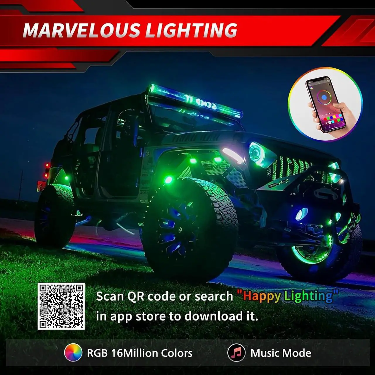 Alt view image 2 of 5 - RGB LED Rock Lights - 4 Pods Multicolor Rock Light Kit Timing, Music Mode for Underglow Jeep Off Road Car Truck Boat