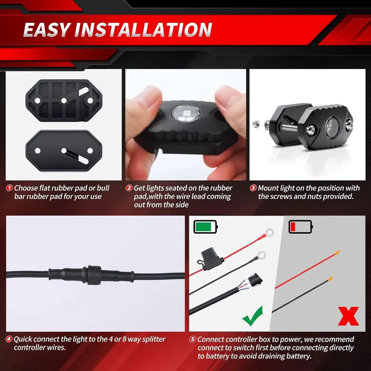 Alt view image 3 of 5 - RGB LED Rock Lights - 4 Pods Multicolor Rock Light Kit Timing, Music Mode for Underglow Jeep Off Road Car Truck Boat