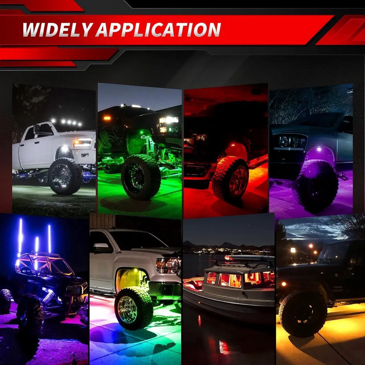 Alt view image 5 of 5 - RGB LED Rock Lights - 4 Pods Multicolor Rock Light Kit Timing, Music Mode for Underglow Jeep Off Road Car Truck Boat