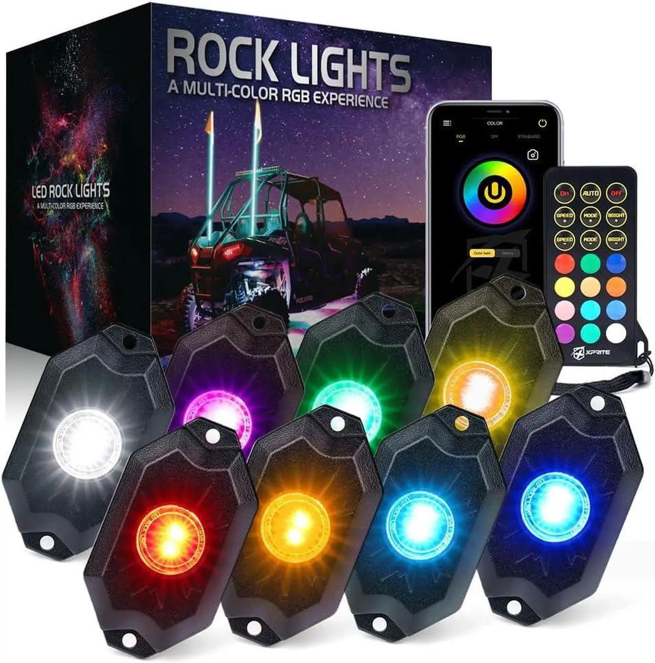 Main image of RGBW LED Rock Lights Kit with Bluetooth & Wireless Remote Controller, Multicolor Cars Underglow, Wheel, Footwell Neon Light Kits, for Off-Road UTV ATV Trucks SUV Motorcycle Boats - 8 Pods