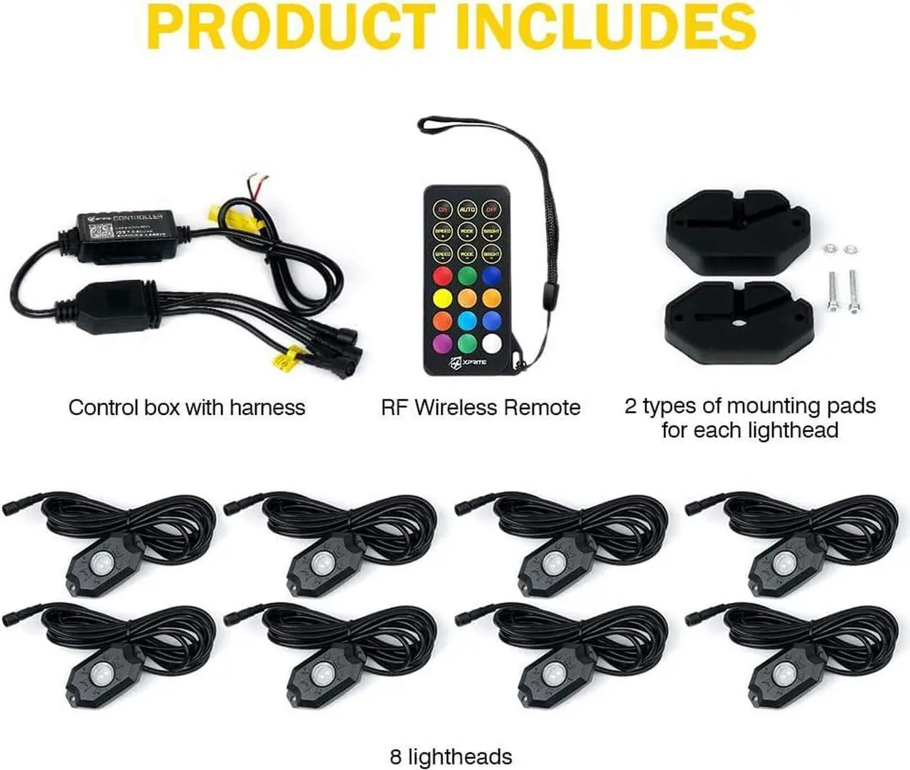 Alt view image 7 of 7 - RGBW LED Rock Lights Kit with Bluetooth & Wireless Remote Controller, Multicolor Cars Underglow, Wheel, Footwell Neon Light Kits, for Off-Road UTV ATV Trucks SUV Motorcycle Boats - 8 Pods