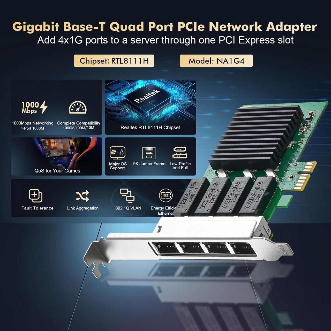 Alt view image 2 of 7 - 4 Port Gigabit PCIe Network Adapter, Realtek RT8111H Controller 1000/100Mbps Ethernet LAN NIC Card for Windows/Linux/Mac