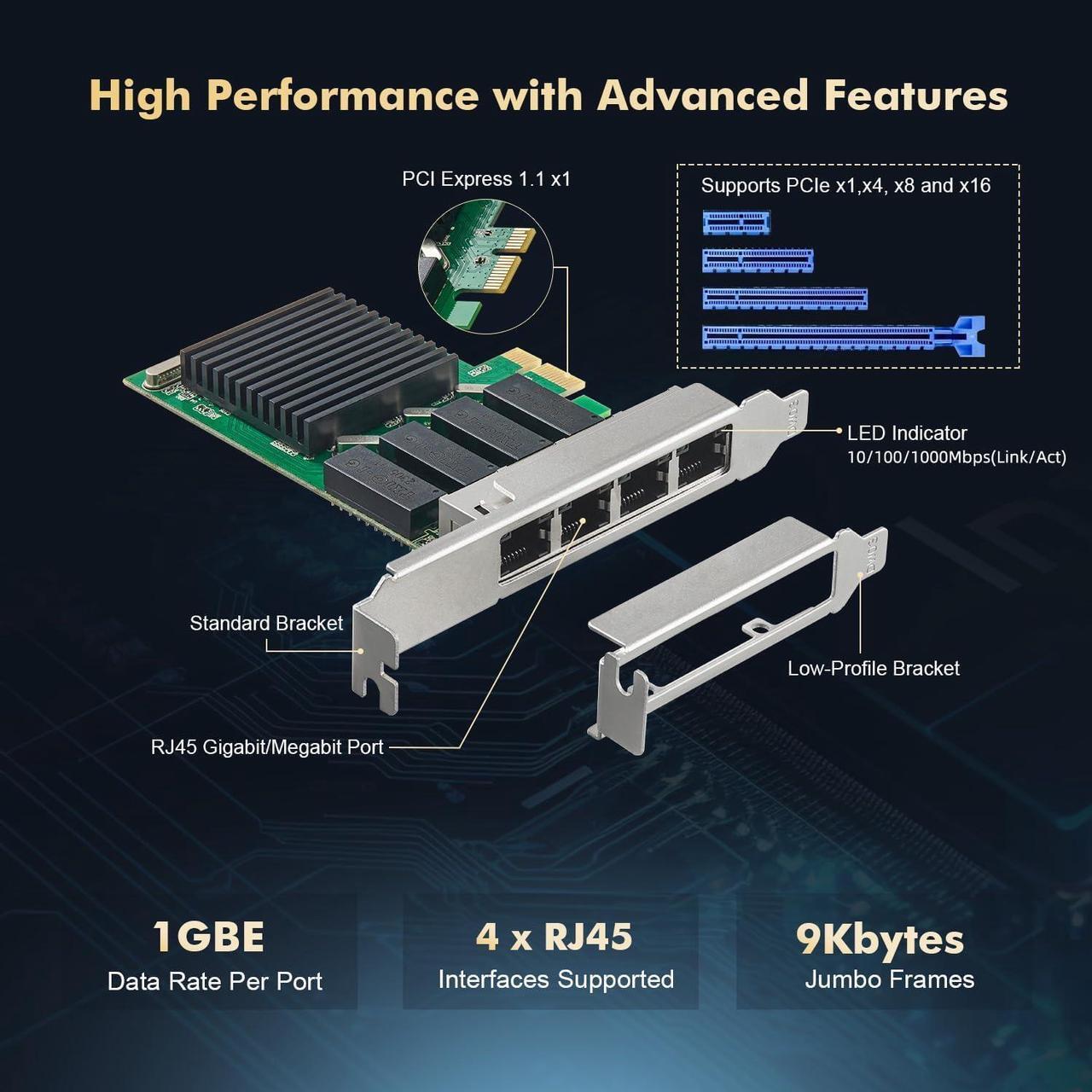 Alt view image 4 of 7 - 4 Port Gigabit PCIe Network Adapter, Realtek RT8111H Controller 1000/100Mbps Ethernet LAN NIC Card for Windows/Linux/Mac