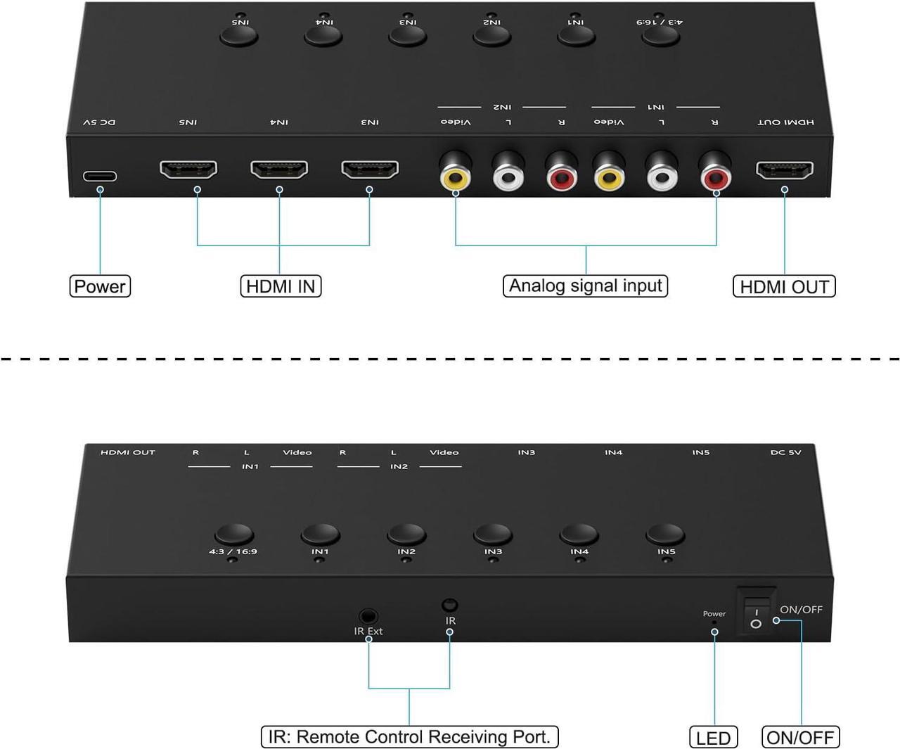 Alt view image 4 of 7 - 3 Way HDMI 2.0 to HDMI Switcher + 2 RCA to HDMI Converter(2 in 1) 2 Way AV Composite CVBS Switch to HDMI Adapter Support 4:3/16:9 Switching for N64 NGC Wii Xbox PS2/3/4/5 Xbox Series/ONE Switch
