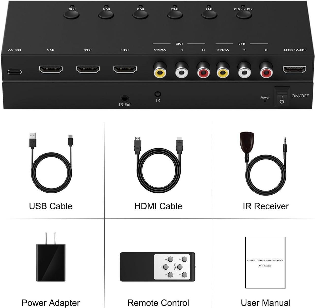 Alt view image 7 of 7 - 3 Way HDMI 2.0 to HDMI Switcher + 2 RCA to HDMI Converter(2 in 1) 2 Way AV Composite CVBS Switch to HDMI Adapter Support 4:3/16:9 Switching for N64 NGC Wii Xbox PS2/3/4/5 Xbox Series/ONE Switch