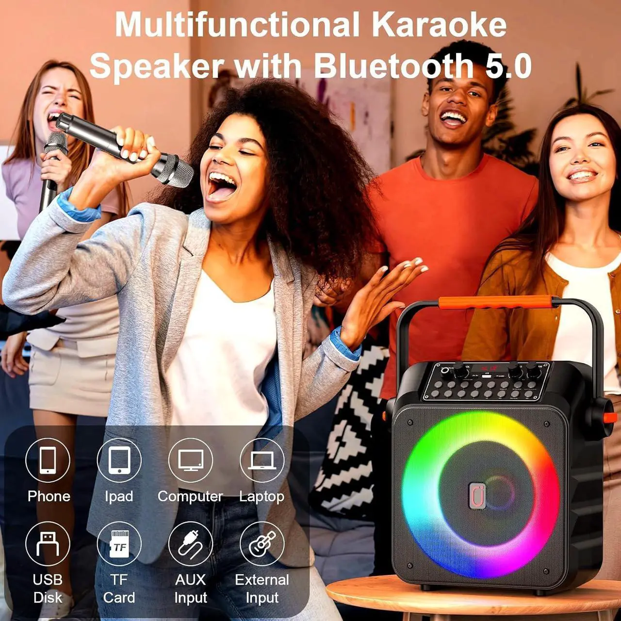 Alt view image 3 of 7 - Machine with 2 Wireless Microphones: HWWR Portable Karaoke Machine for Adults and Kids, Bluetooth Karaoke Speaker with Microphone, 6.5" Subwoofer PA System & LED Lights for Home Party, Gifts