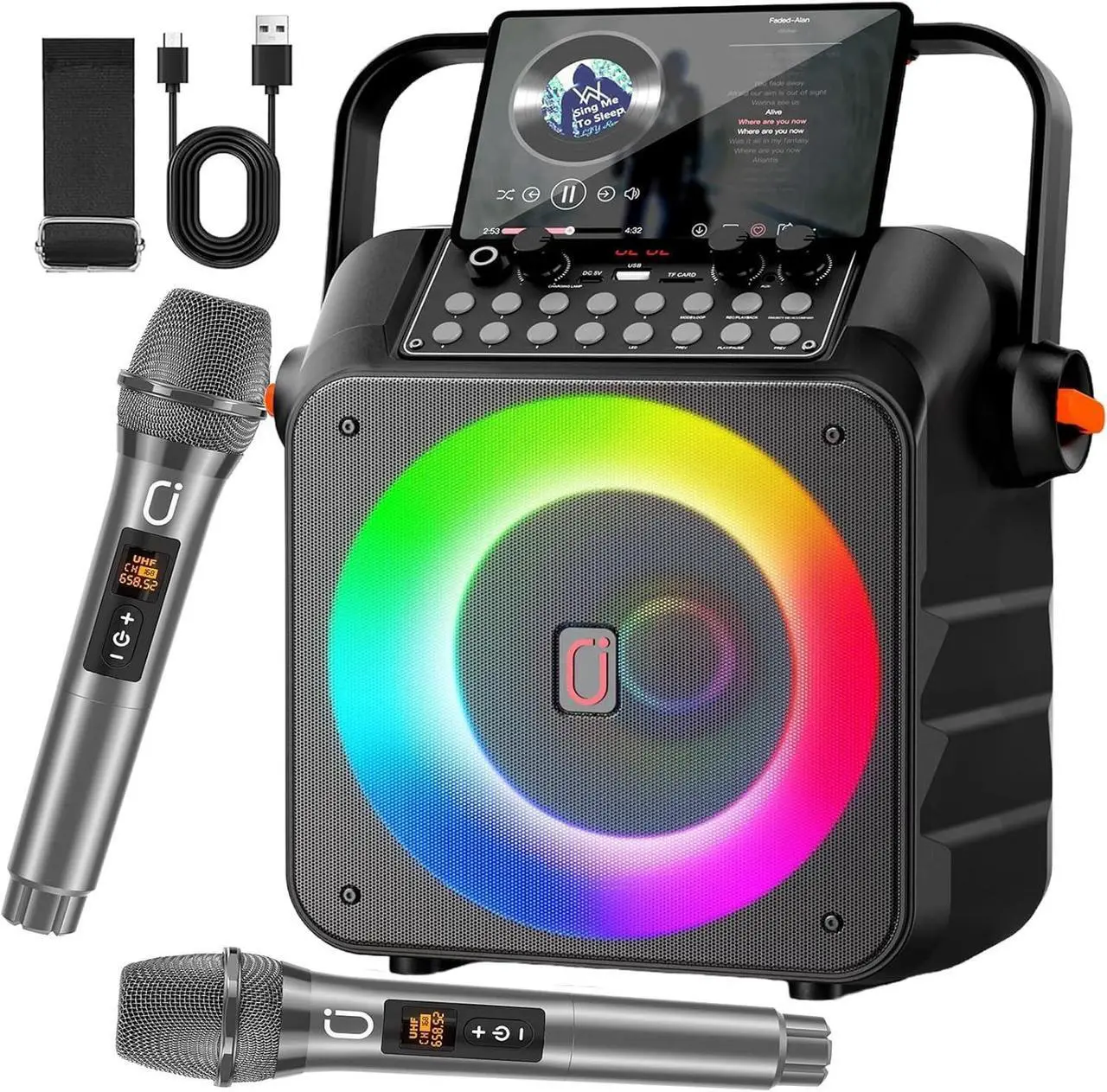 Main image of Machine with 2 Wireless Microphones: HWWR Portable Karaoke Machine for Adults and Kids, Bluetooth Karaoke Speaker with Microphone, 6.5" Subwoofer PA System & LED Lights for Home Party, Gifts