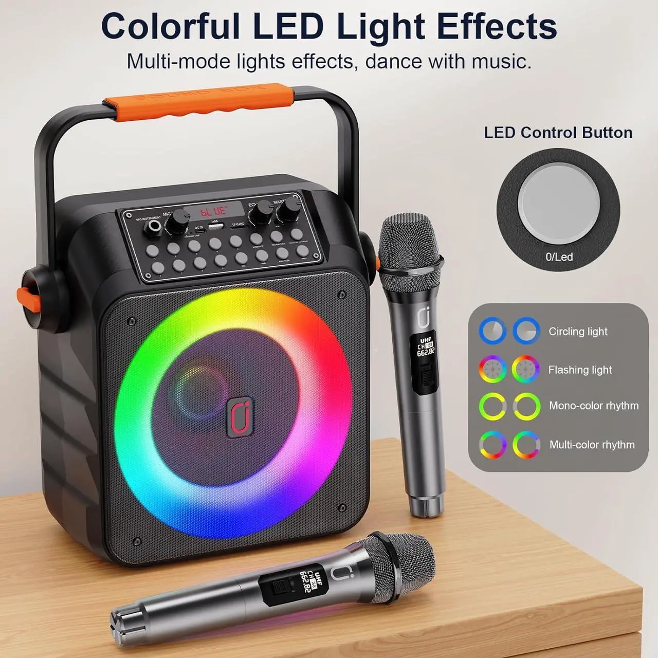 Alt view image 4 of 7 - Machine with 2 Wireless Microphones: HWWR Portable Karaoke Machine for Adults and Kids, Bluetooth Karaoke Speaker with Microphone, 6.5" Subwoofer PA System & LED Lights for Home Party, Gifts
