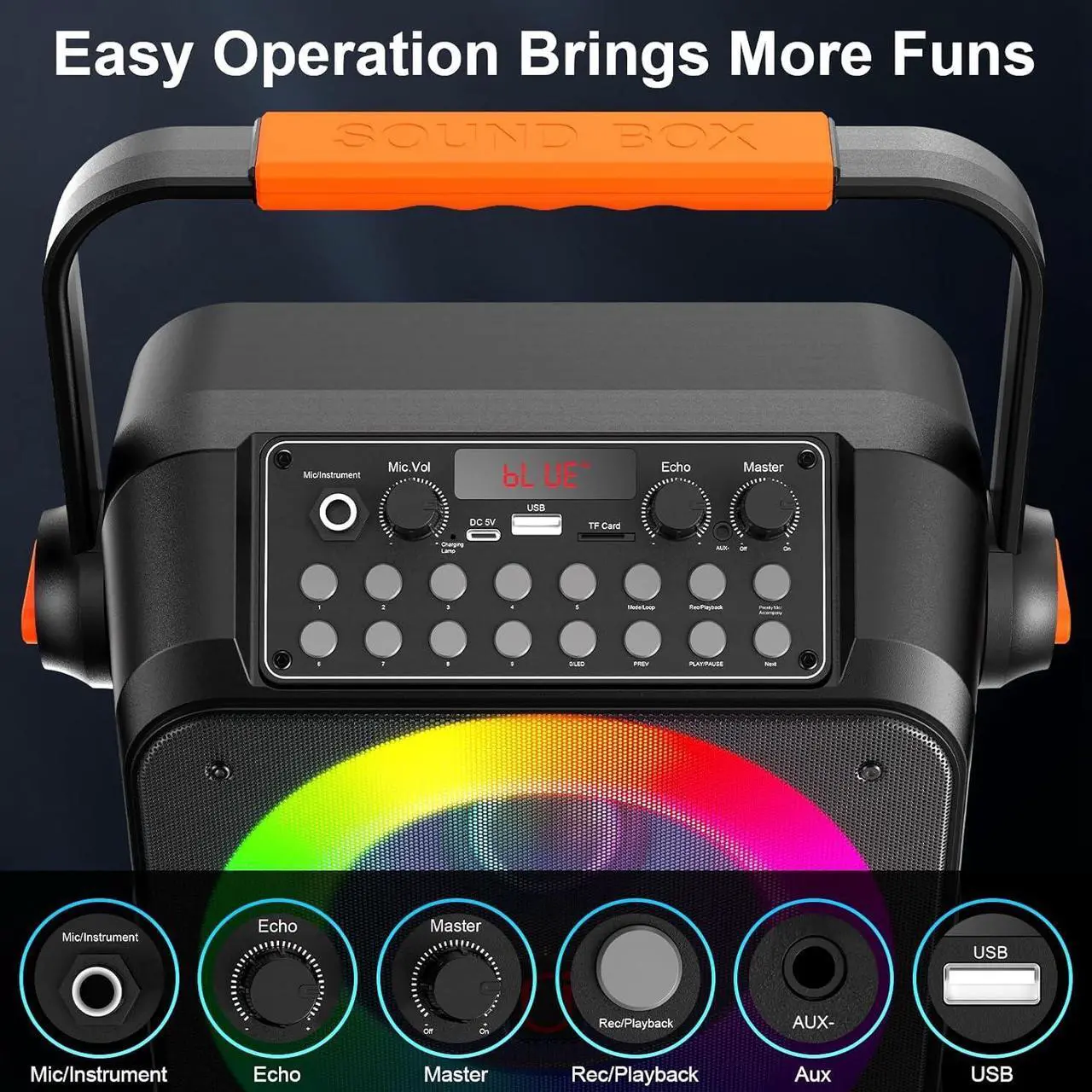 Alt view image 5 of 7 - Machine with 2 Wireless Microphones: HWWR Portable Karaoke Machine for Adults and Kids, Bluetooth Karaoke Speaker with Microphone, 6.5" Subwoofer PA System & LED Lights for Home Party, Gifts