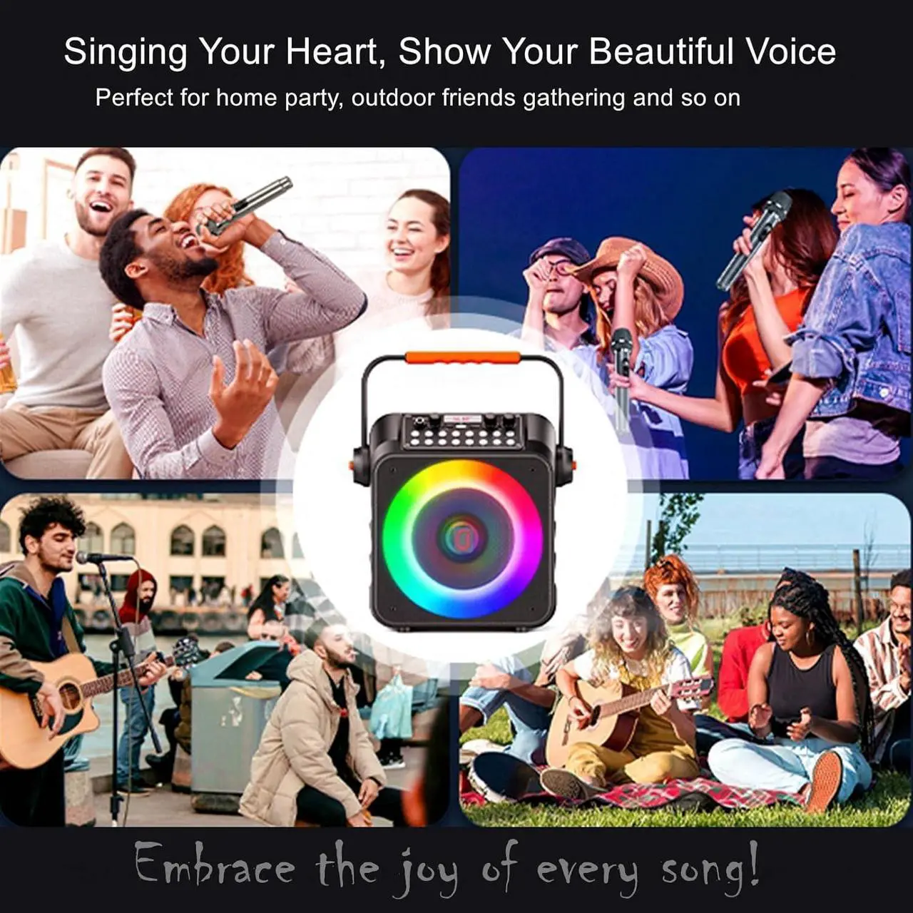 Alt view image 6 of 7 - Machine with 2 Wireless Microphones: HWWR Portable Karaoke Machine for Adults and Kids, Bluetooth Karaoke Speaker with Microphone, 6.5" Subwoofer PA System & LED Lights for Home Party, Gifts