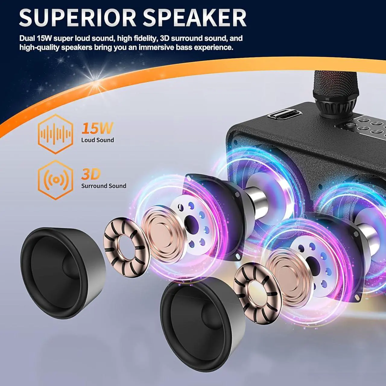 Alt view image 2 of 7 - Tech Karaoke Microphone Machine Kids Adults, Karaoke Machine Bluetooth Sound Effects, Bluetooth Wireless Speakers Karaoke Machine LED Light TF Card/USB Portable Home Party Outdoor/Indoor, Black