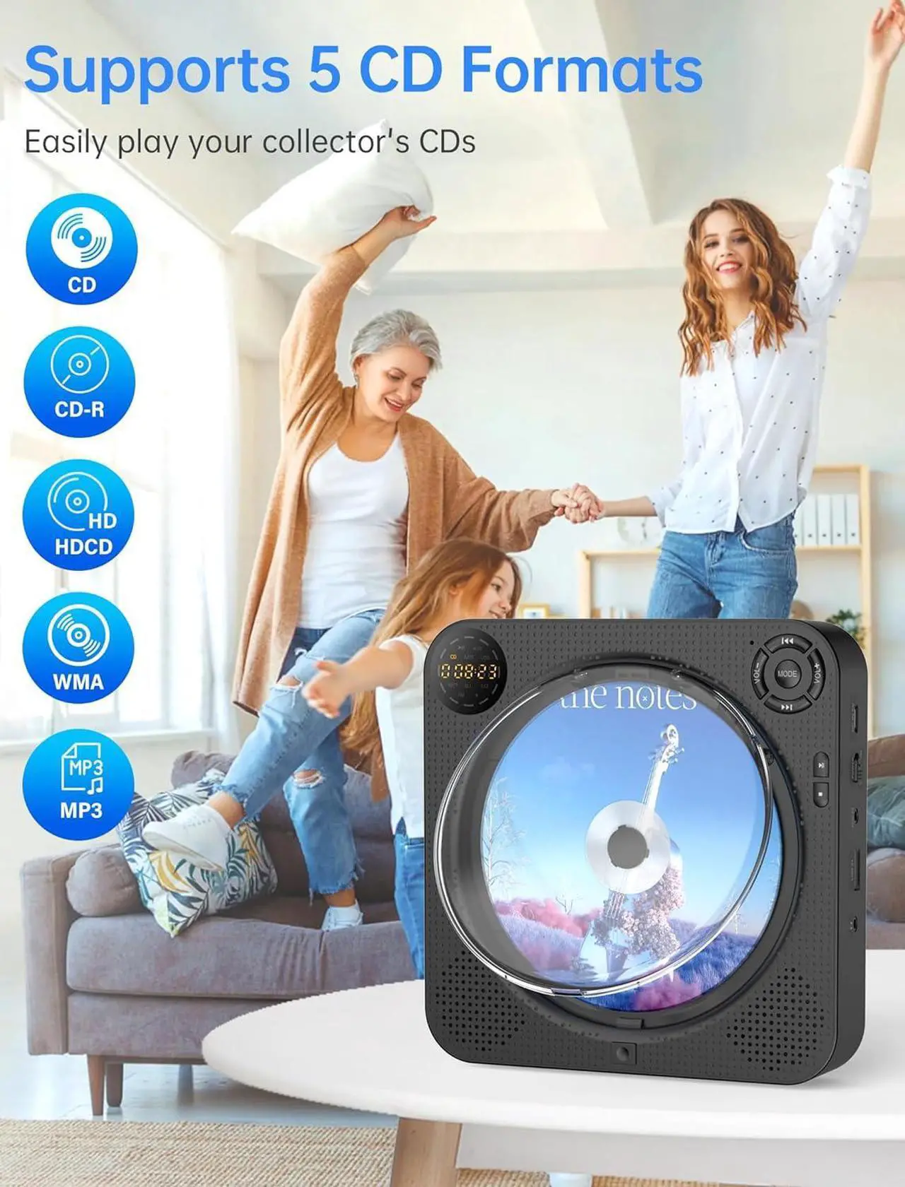Alt view image 2 of 7 - CD Player Portable, Bluetooth CD Player with Speakers DESOBRY Small CD Player for Home with Remote Control FM Radio Digital Screen Headphone Jack, Wall CD Player Support AUX USB, Black