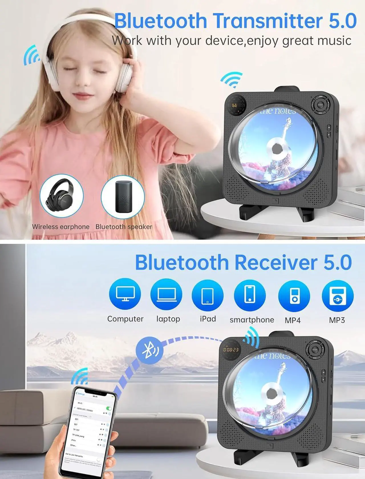 Alt view image 3 of 7 - CD Player Portable, Bluetooth CD Player with Speakers DESOBRY Small CD Player for Home with Remote Control FM Radio Digital Screen Headphone Jack, Wall CD Player Support AUX USB, Black