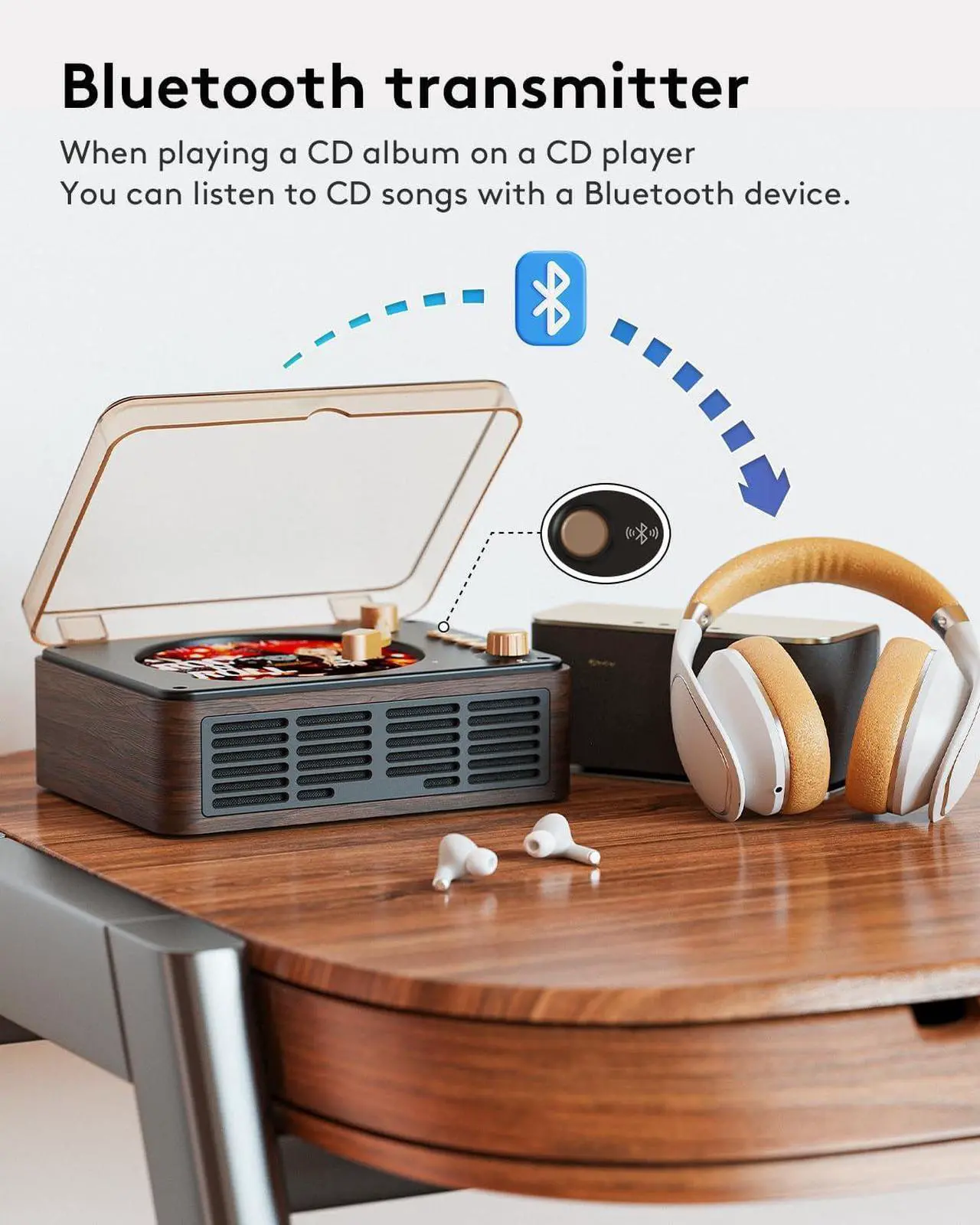 Alt view image 3 of 6 - CD Player with Speakers Bluetooth Nostalgic Retro Portable CD Players for Home Wood Music Player FM Radio for HomeWired and Remote Control-Walnut Brown