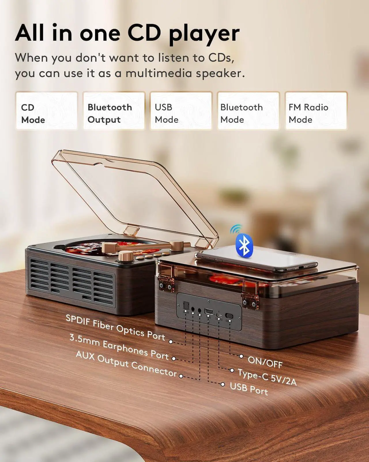 Alt view image 4 of 6 - CD Player with Speakers Bluetooth Nostalgic Retro Portable CD Players for Home Wood Music Player FM Radio for HomeWired and Remote Control-Walnut Brown