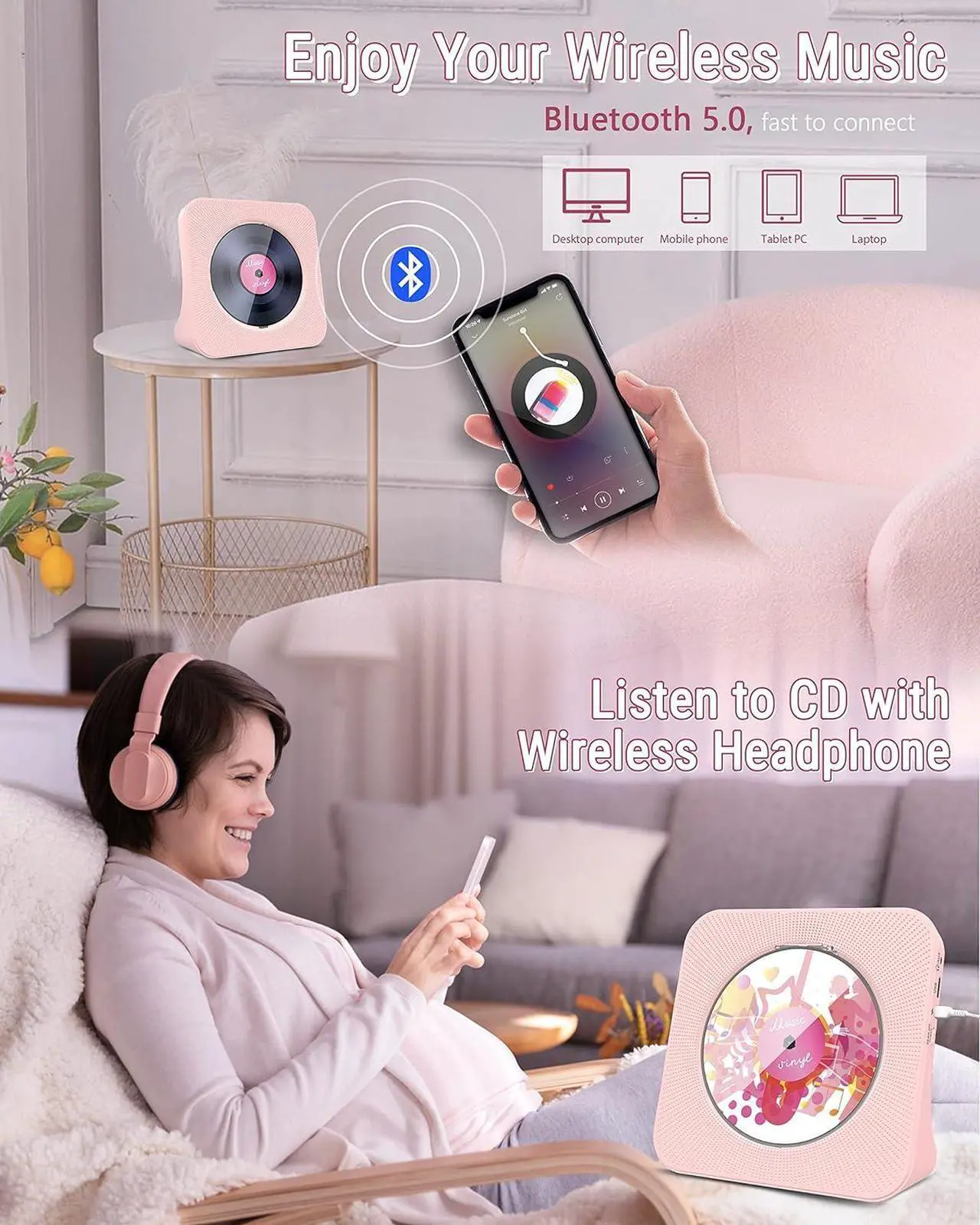 Alt view image 3 of 7 - CD Player Portable with Bluetooth 5.0, HiFi Sound Speaker, CD Music Player with Remote Control, Dust Cover, FM Radio, LED Screen, Support AUX/USB, Headphone Jack for Home, Kids, Kpop, Gift