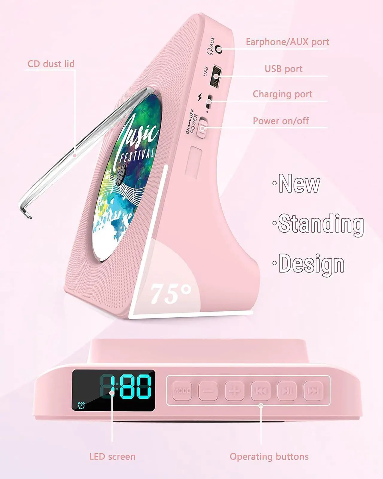 Alt view image 7 of 7 - CD Player Portable with Bluetooth 5.0, HiFi Sound Speaker, CD Music Player with Remote Control, Dust Cover, FM Radio, LED Screen, Support AUX/USB, Headphone Jack for Home, Kids, Kpop, Gift
