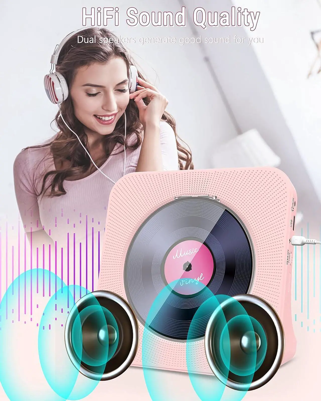 Alt view image 4 of 7 - CD Player Portable with Bluetooth 5.0, HiFi Sound Speaker, CD Music Player with Remote Control, Dust Cover, FM Radio, LED Screen, Support AUX/USB, Headphone Jack for Home, Kids, Kpop, Gift