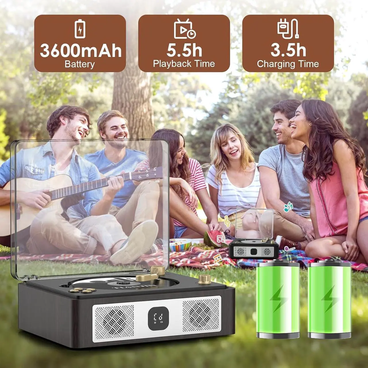 Alt view image 4 of 7 - CD Player Portable with Bluetooth Retro Portable CD Player Desktop CD Players for Home Built-in Speakers Rechargeable Headphone Jack AUX-in Vintage CD Player