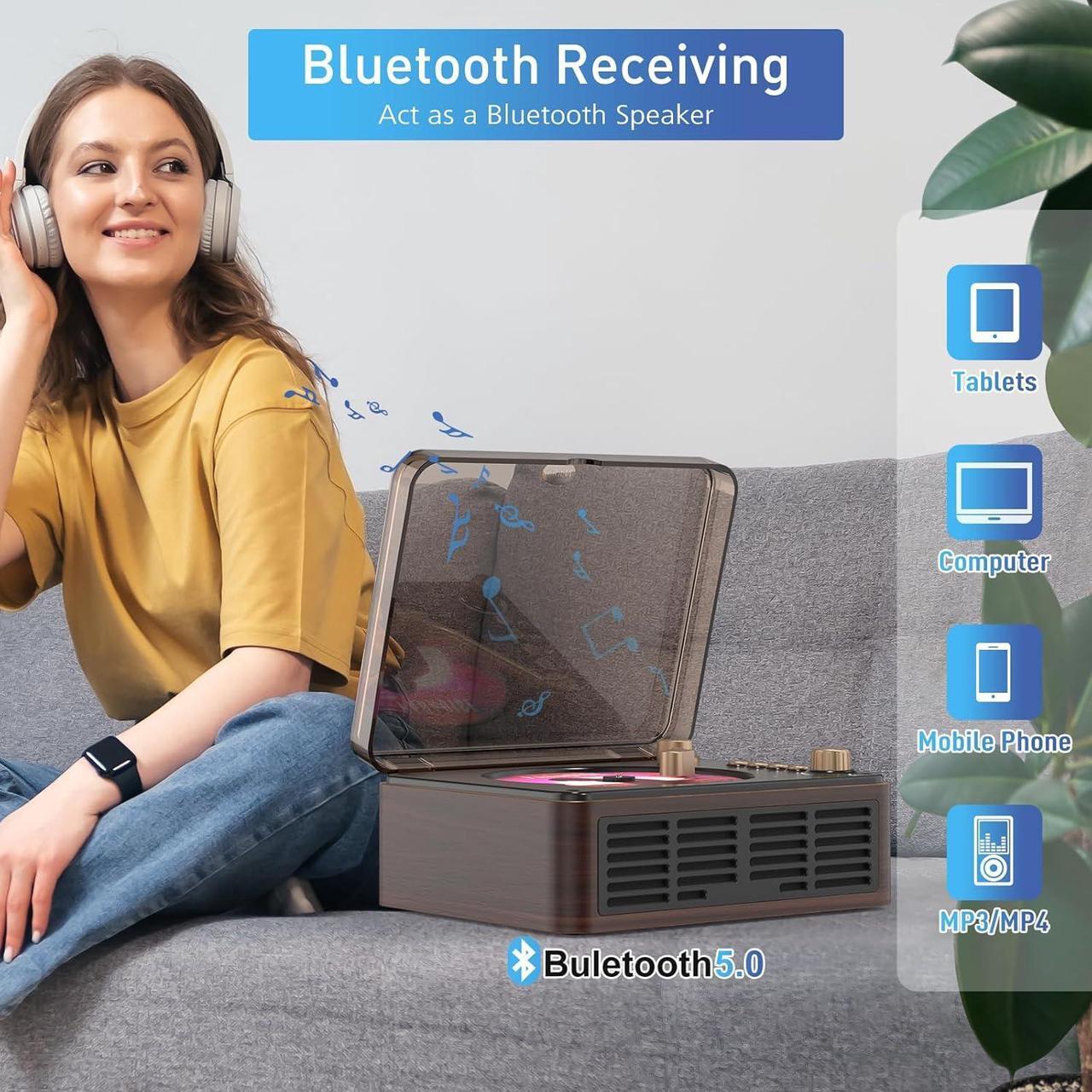 Alt view image 4 of 7 - CD Player Portable with BluetoothDouble HiFi Sound Speakers,Desktop CD Music Players,Support AUX/USB/Headphone Jack/Music Fiber Optics/FM Radio Boombox for Home,Office (Brown)