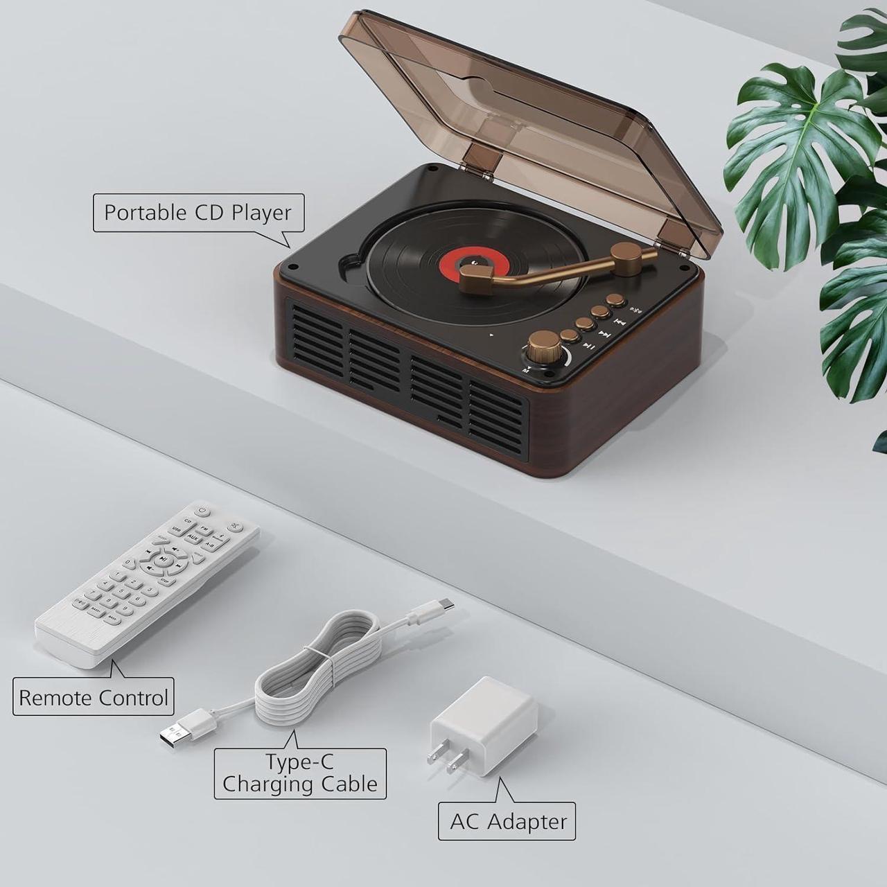 Alt view image 7 of 7 - CD Player Portable with BluetoothDouble HiFi Sound Speakers,Desktop CD Music Players,Support AUX/USB/Headphone Jack/Music Fiber Optics/FM Radio Boombox for Home,Office (Brown)