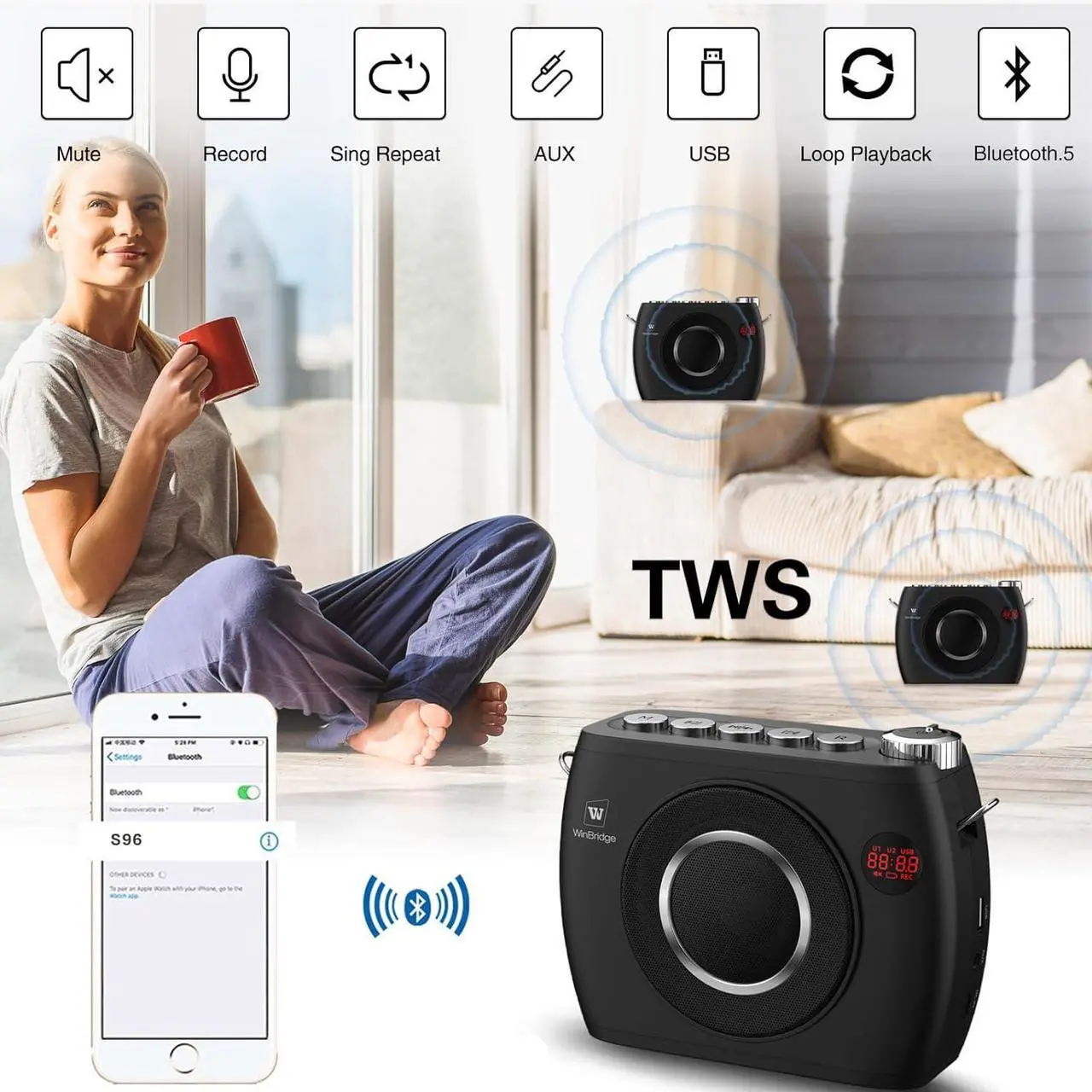 Alt view image 3 of 7 - Wireless Voice Amplifier with Dual Bluetooth Microphones Headset, Portable Pa System Bluetooth Speaker and Microphone, Megaphone Speaker Mic for Teachers, 25W High Capacity 8000mAh S96