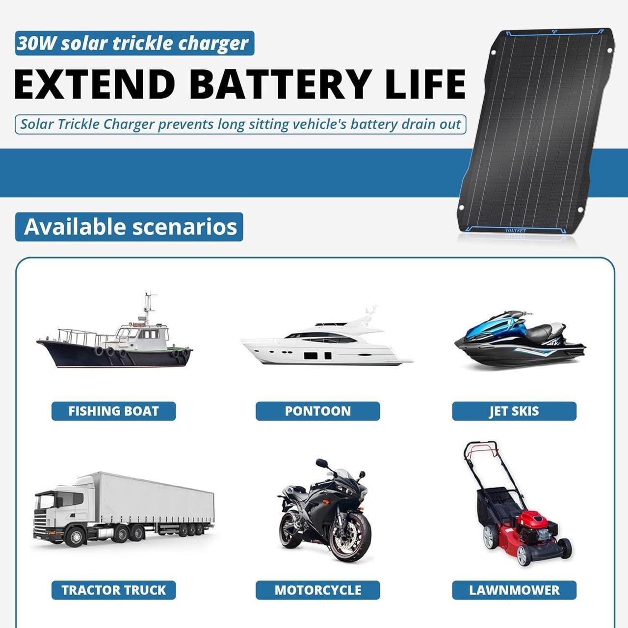 Alt view image 6 of 7 - 30W 12V Solar Battery Charger Maintainer, Waterproof Solar Trickle Charger, Flexible Solar Panel with Built-in Controller for Boat RV Motorcycle Marine