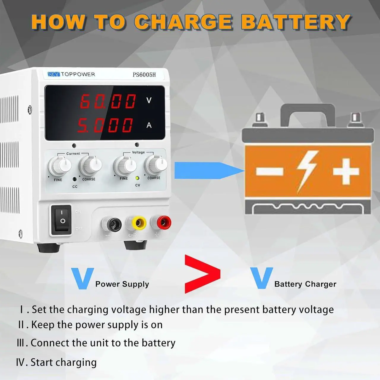 Alt view image 2 of 7 - DC Power Supply, 0-60V 0-5A Adjustable Bench Power Supply with 4 Digit Display, for Laboratory,Production Line,Car Repair,Scientific Research,School,Test,DIY,SKY TOPPOWER PS6005H