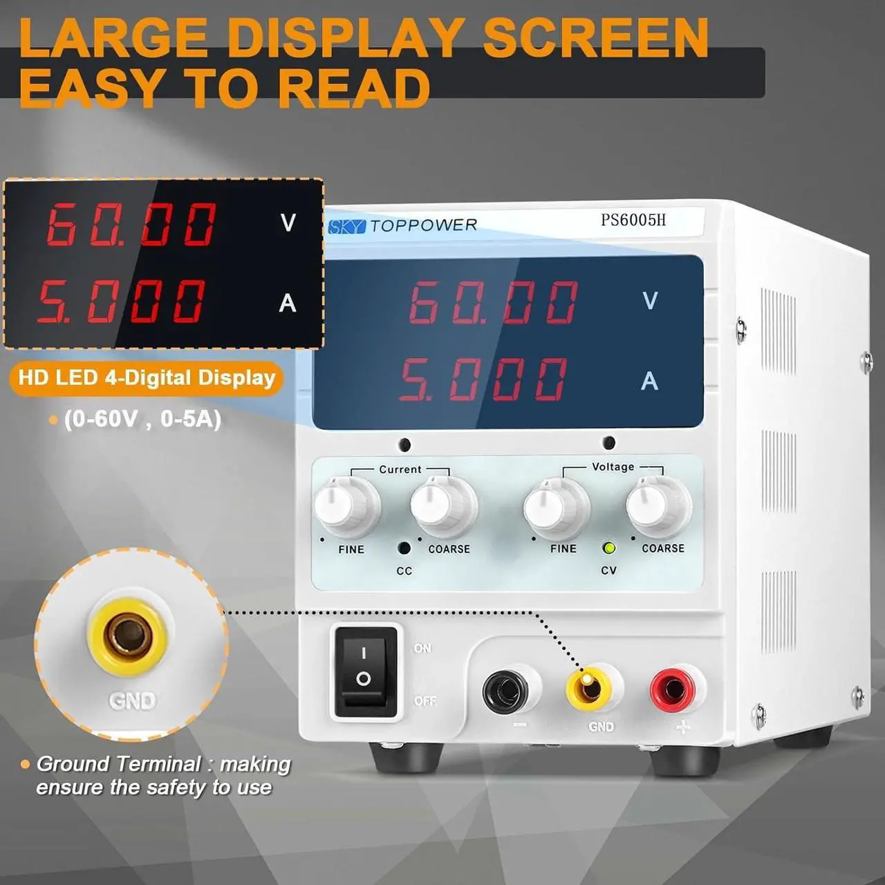 Alt view image 7 of 7 - DC Power Supply, 0-60V 0-5A Adjustable Bench Power Supply with 4 Digit Display, for Laboratory,Production Line,Car Repair,Scientific Research,School,Test,DIY,SKY TOPPOWER PS6005H