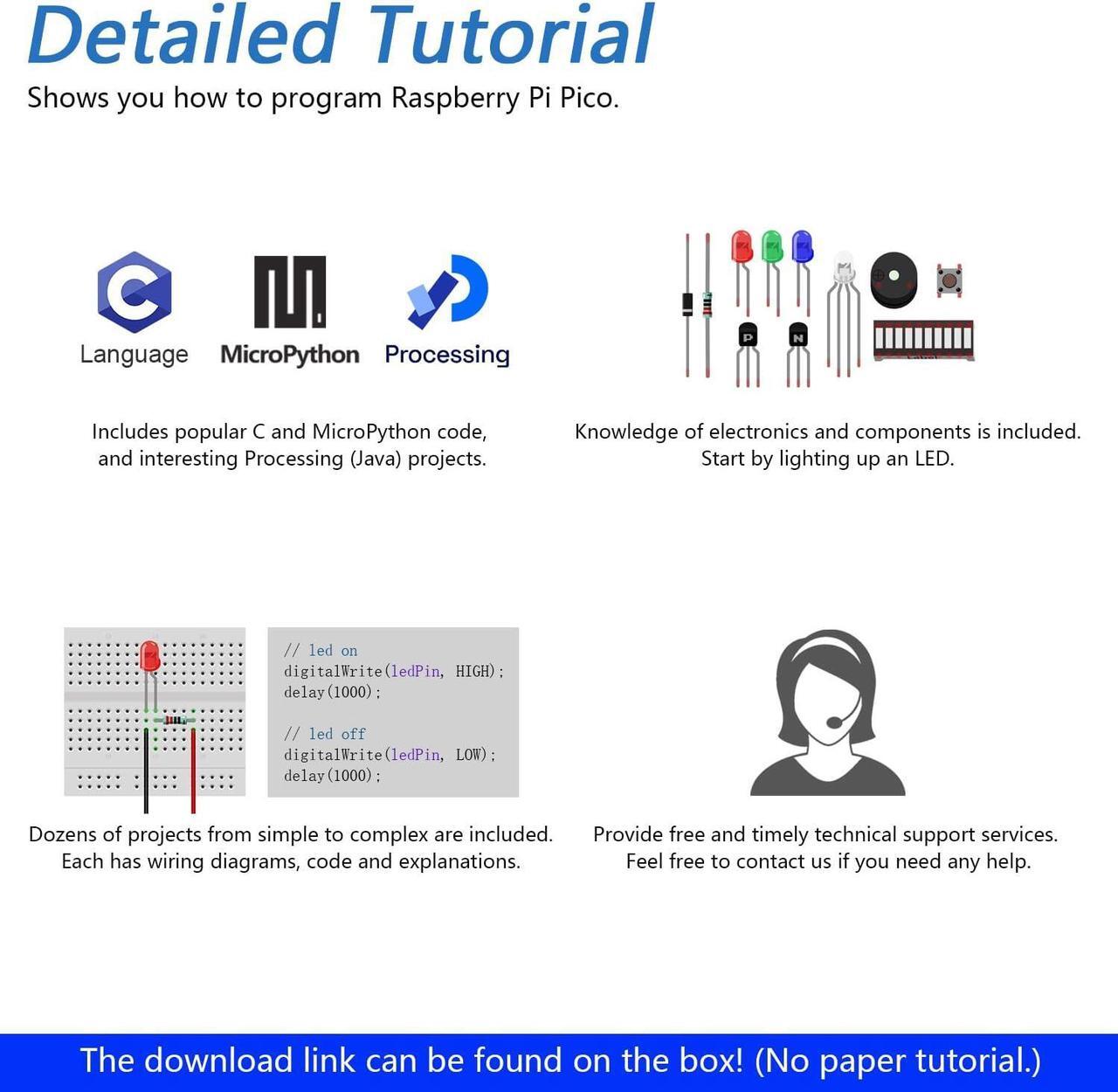 Alt view image 5 of 7 - Ultimate Starter Kit for Raspberry Pi Pico 2 W (Included), Dual Arm Cortex-M33 and Dual Hazard3 RISC-V Microcontroller, 767-Page Detailed Tutorial, 224 Items, 119 Projects, Python C Java Code