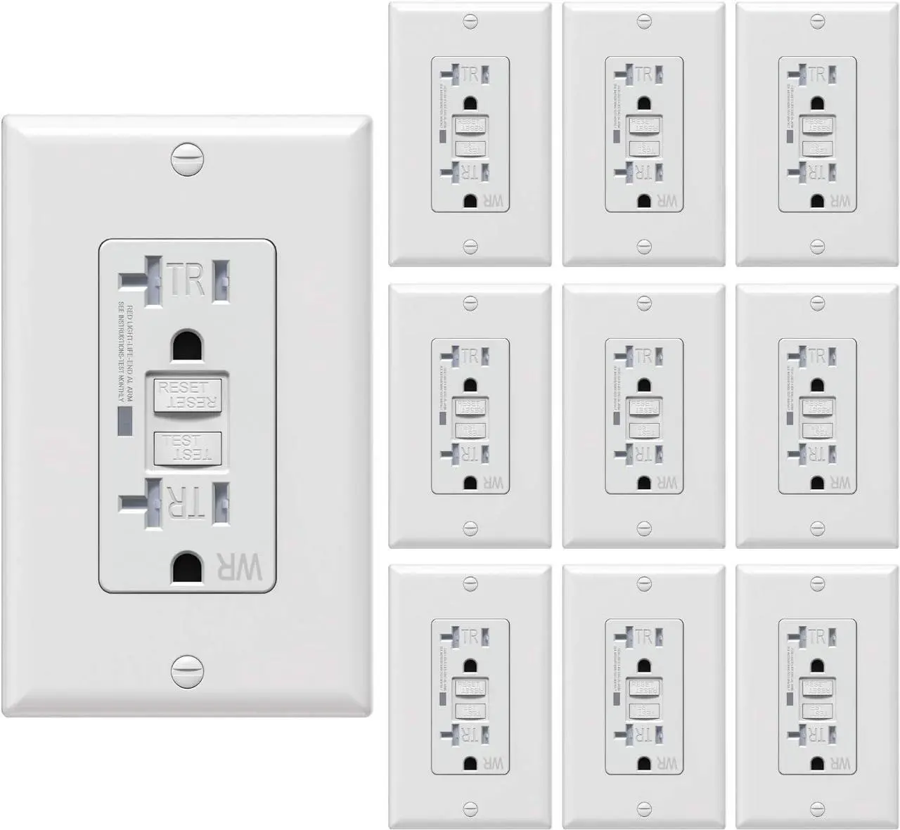 Main image of 20 Amp GFCI Outlet, Tamper Resistant/Weather Resistant(WR) Receptacle, Self-Test Ground Fault Circuit Interrupter with LED Indicator, Wall Plates and Screws Included, UL Listed, White, 10 Pack