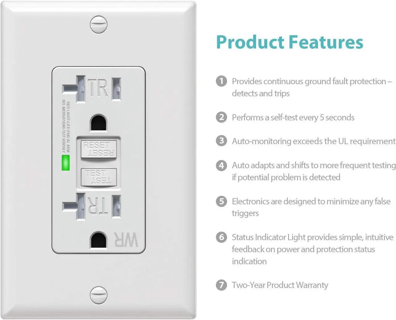 Alt view image 2 of 7 - 20 Amp GFCI Outlet, Tamper Resistant/Weather Resistant(WR) Receptacle, Self-Test Ground Fault Circuit Interrupter with LED Indicator, Wall Plates and Screws Included, UL Listed, White, 10 Pack
