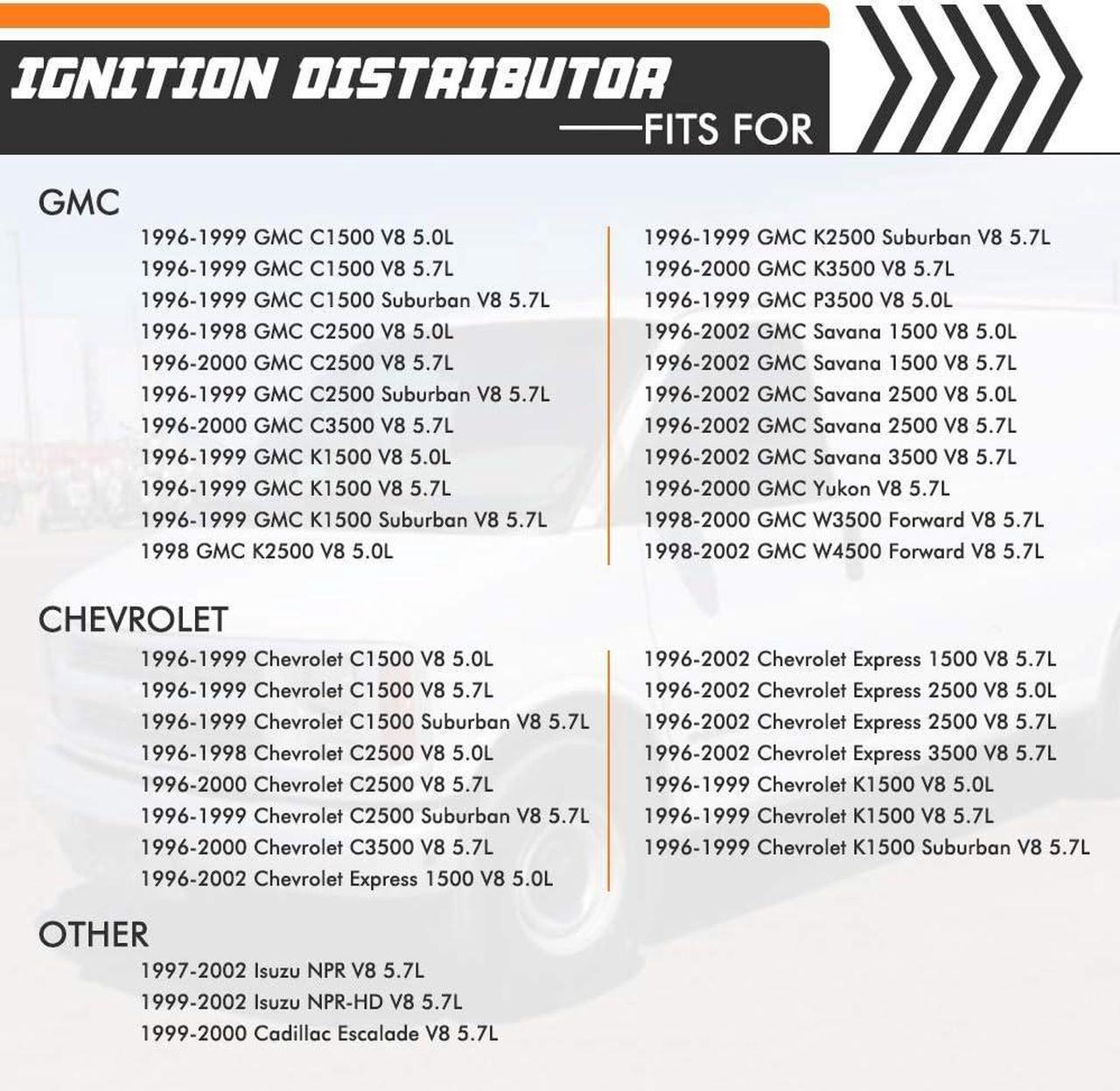Alt view image 3 of 6 - Complete Ignition Distributor Replacement For GMC Vortec C1500 C2500 C3500 K1500 K2500 K3500 1996 1997 1998 1999 2000 2001 2002 V8 5.0L 5.7L Relpaces # 93441558