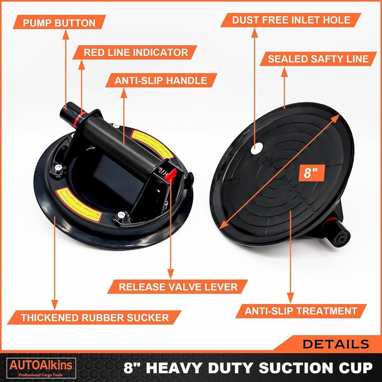 Alt view image 2 of 6 - 8" Heavy Duty Suction Cup to Lift Large Glass, Tile, Marble, Vacuum Suction Cups Lifter with Handle for Tiles, Windows, Glass Lifting, 240 lbs Load Capacity, Carrying Case (2 Pack)