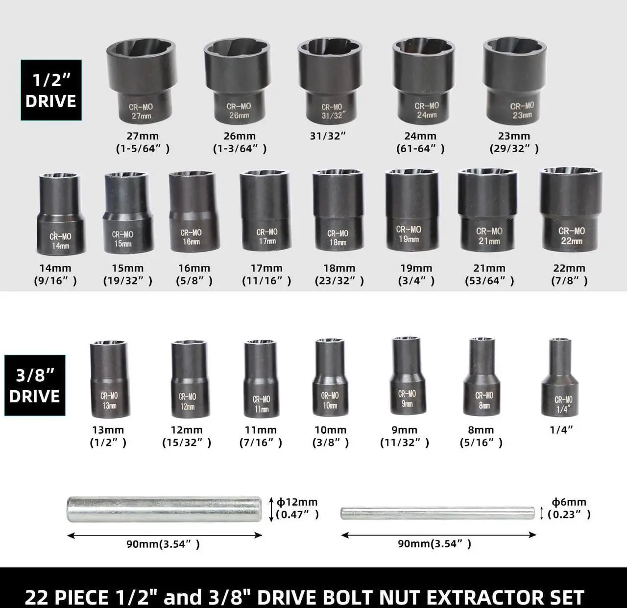 Alt view image 2 of 6 - 22 Piece Bolt Nut Extractor Set, 1/2" and 3/8" Drive Impact Lug Nut Remover Socket Tool, Wheel Lock Removal Kit for Extracting Damaged, Stripped Frozen Nuts & Screws Twist Socket Set