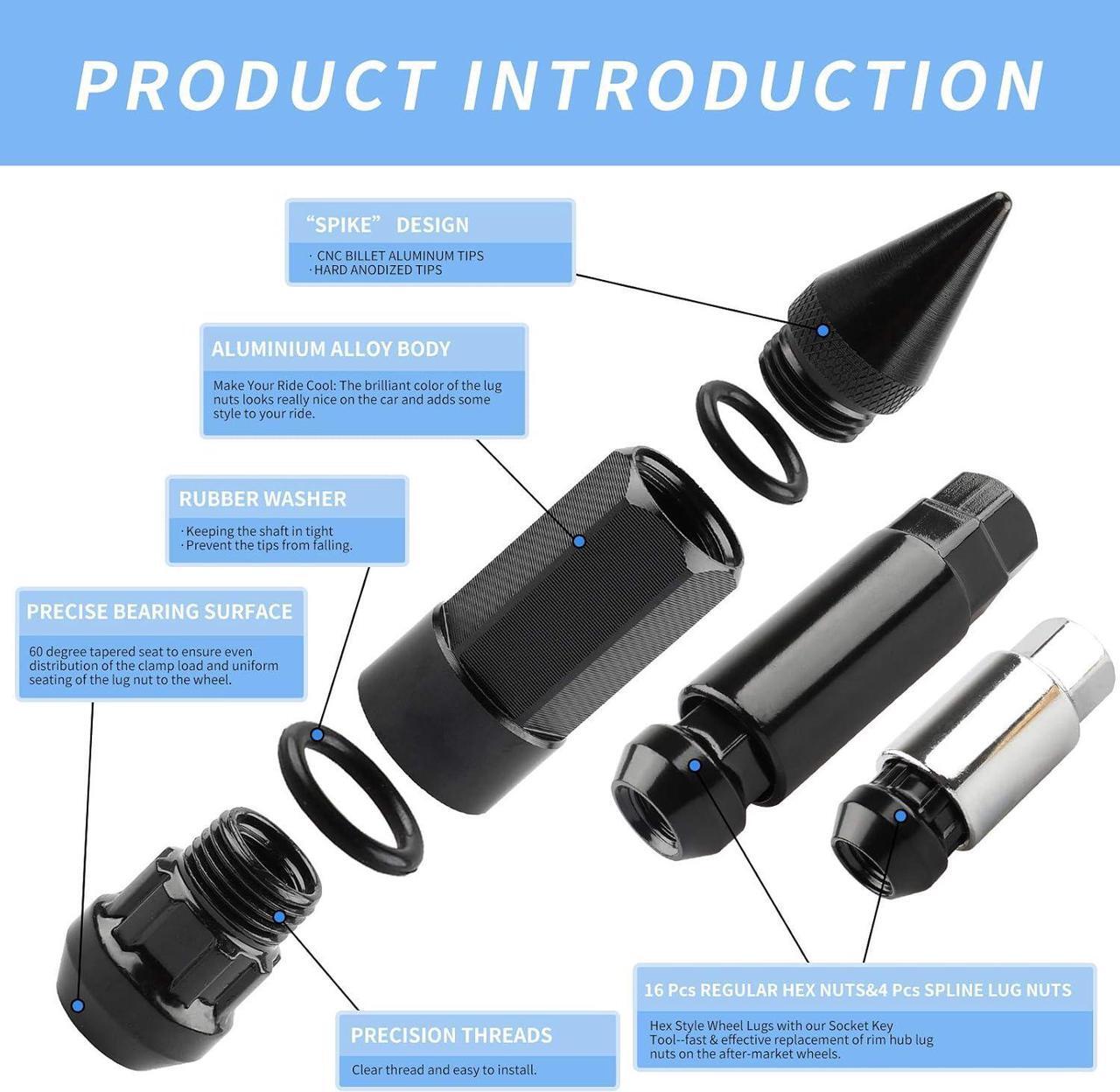 Alt view image 5 of 7 - 20Pcs Anti Theft Spikes Extended Tuner Wheel/Rims Lug Nut M12X1.5+Socket (Black)