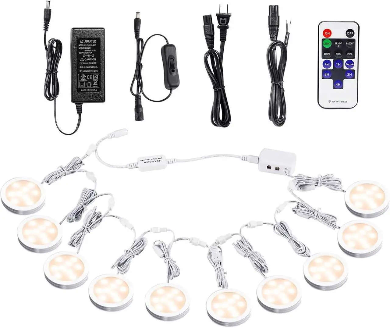Main image of Linkable Under Cabinet LED Lighting 12V Dimmable Puck Lights with Wireless RF Remote Control, Hardwired & Wall Plug in for Furniture Cupboard Lighting(10 Lights, Warm White)