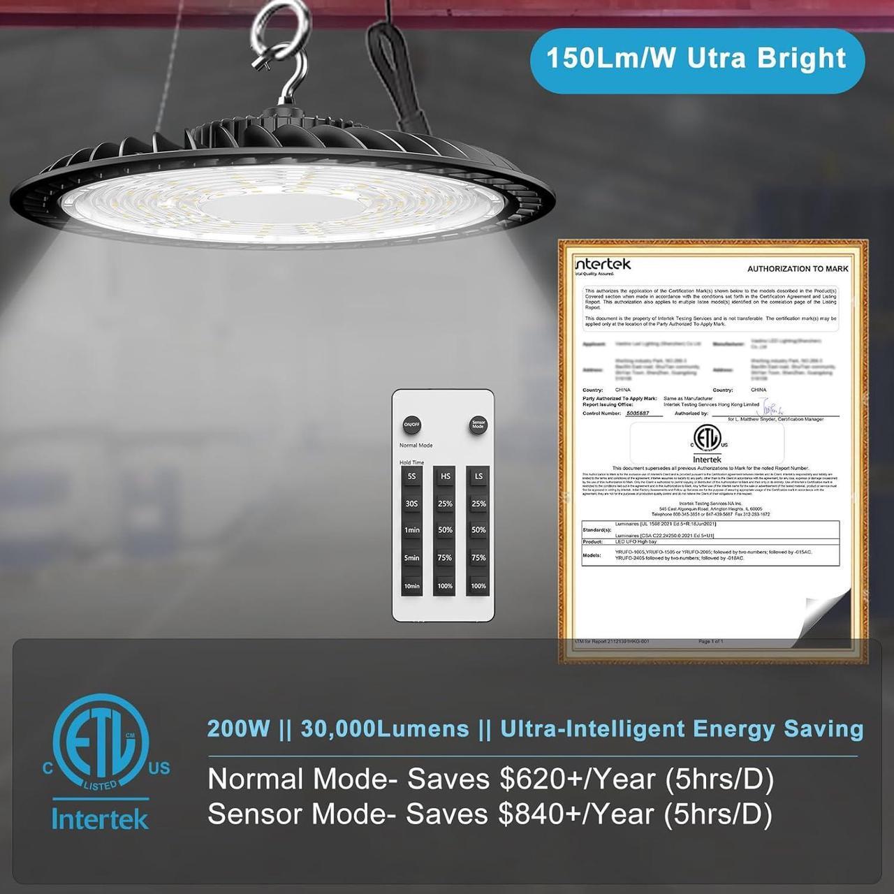 Alt view image 3 of 7 - Smart 200W UFO LED High Bay Light 30000LM Warehouse Lighting with Remote Control (Supports Normal Mode & Motion Mode) ETL-Listed Plug and Play for 25-35FT Height Warehouse-6Yrs Warranty-4Pack