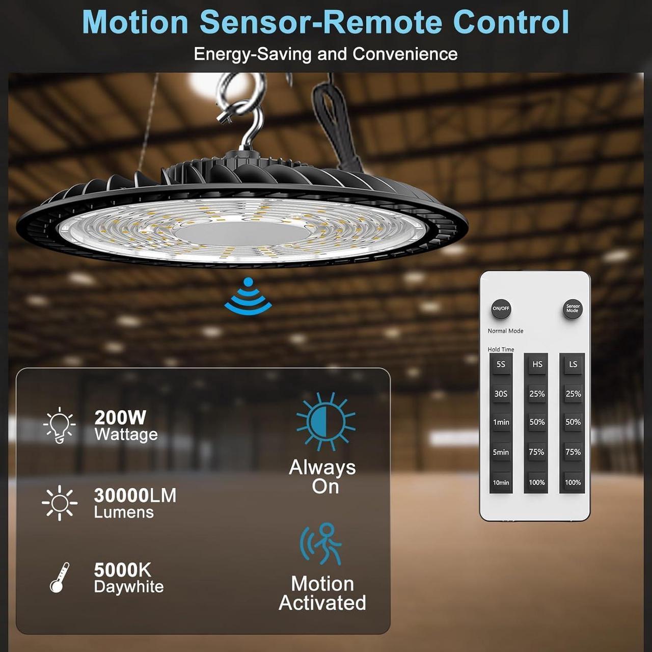 Alt view image 2 of 7 - Smart 200W UFO LED High Bay Light 30000LM Warehouse Lighting with Remote Control (Supports Normal Mode & Motion Mode) ETL-Listed Plug and Play for 25-35FT Height Warehouse-6Yrs Warranty-4Pack