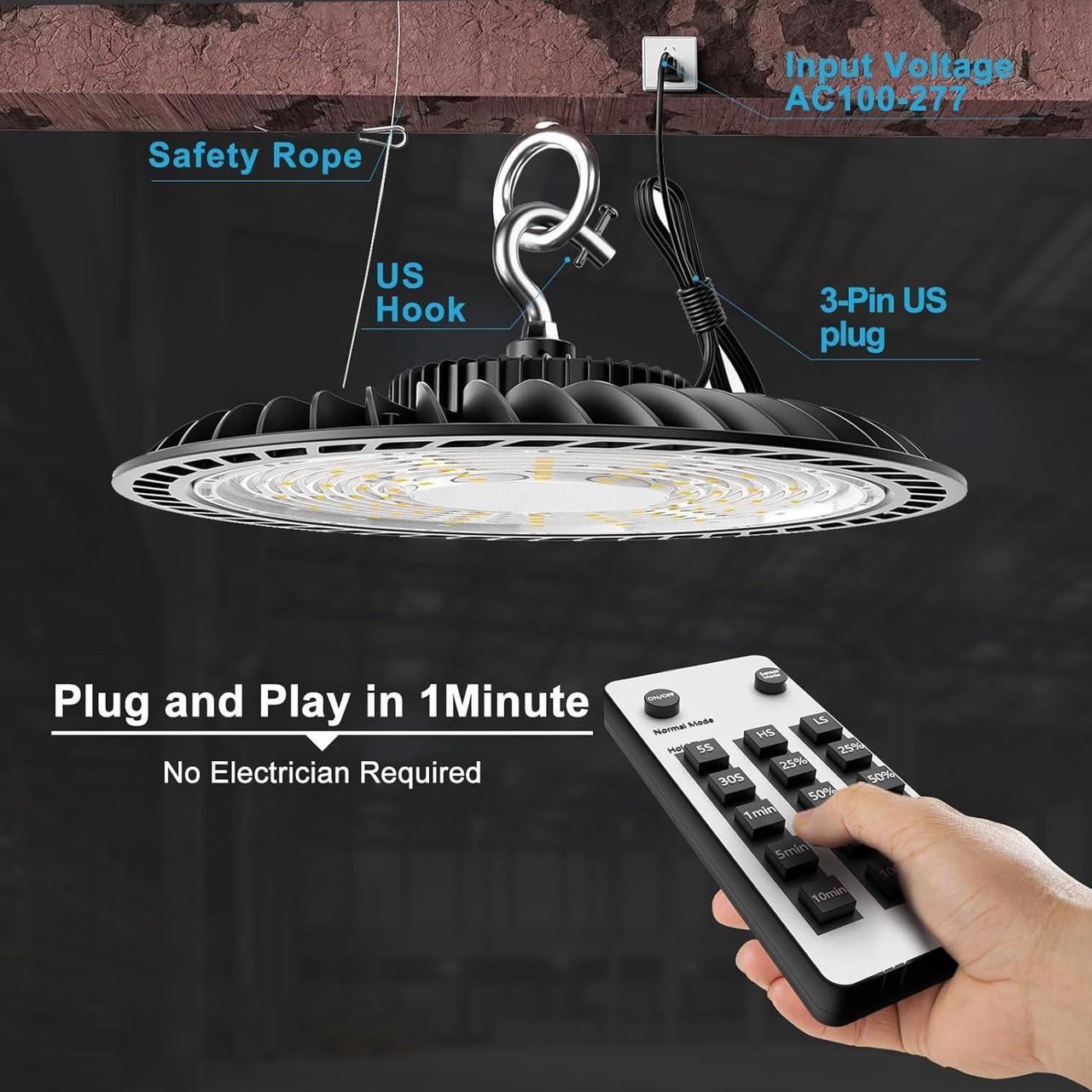 Alt view image 6 of 7 - Smart 200W UFO LED High Bay Light 30000LM Warehouse Lighting with Remote Control (Supports Normal Mode & Motion Mode) ETL-Listed Plug and Play for 25-35FT Height Warehouse-6Yrs Warranty-4Pack