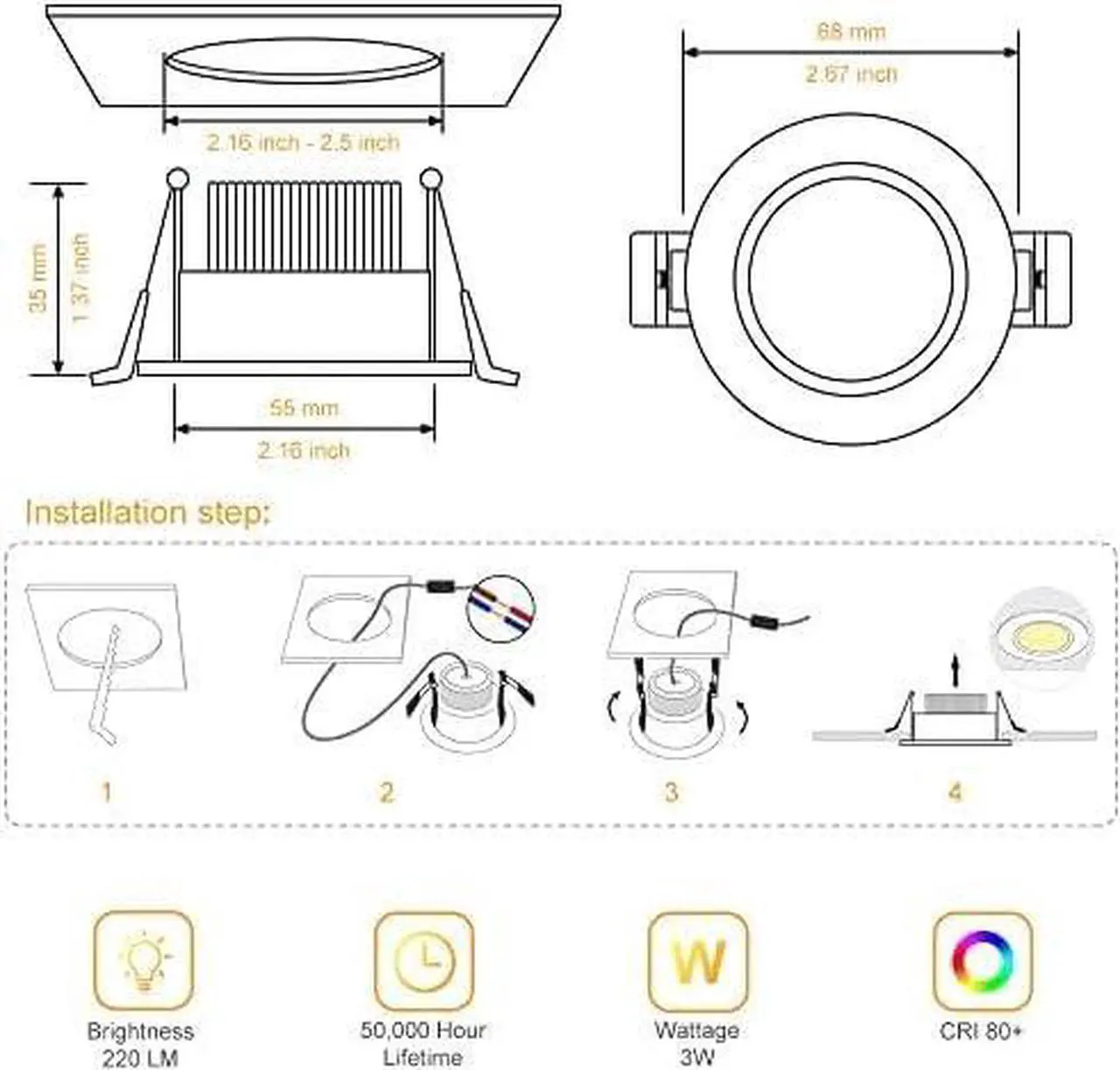 Alt view image 4 of 7 - 2 Inch LED Downlight, 3W Recessed Lighting Dimmable Ceiling Light Kit, 3000K Warm White, CRI80 Black LED Can Lights with LED Driver(35W Halogen Equivalent), 10 Pack