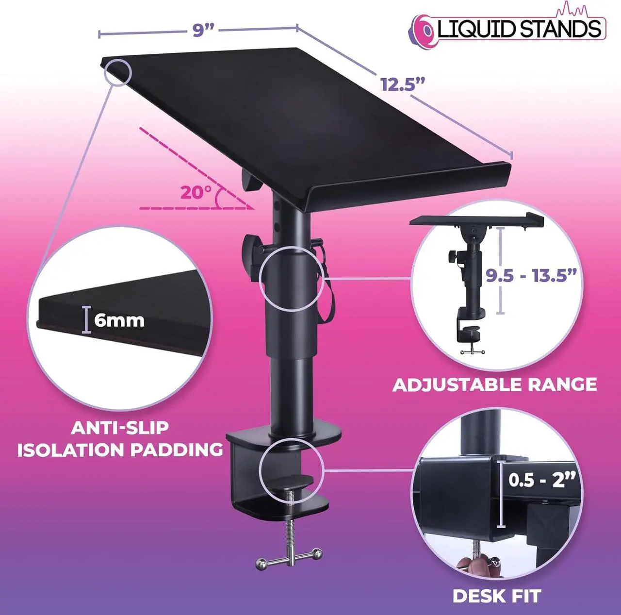 Alt view image 2 of 7 - Stands Studio Monitor Stands - Music Studio Desktop Speaker Stands - 2 Pack 12x9 Clamp-on Adjustable Short or Tall Monitor Speaker Stands for Music Studio Desk Speaker Stand Mount with Tilt