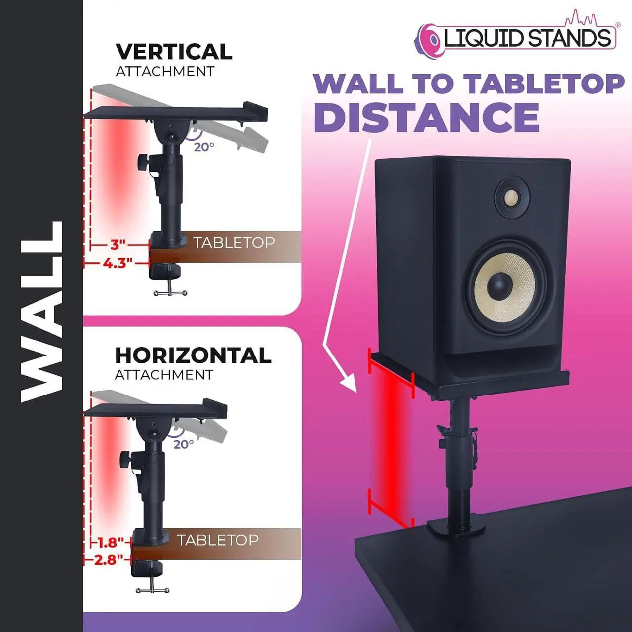 Alt view image 4 of 7 - Stands Studio Monitor Stands - Music Studio Desktop Speaker Stands - 2 Pack 12x9 Clamp-on Adjustable Short or Tall Monitor Speaker Stands for Music Studio Desk Speaker Stand Mount with Tilt