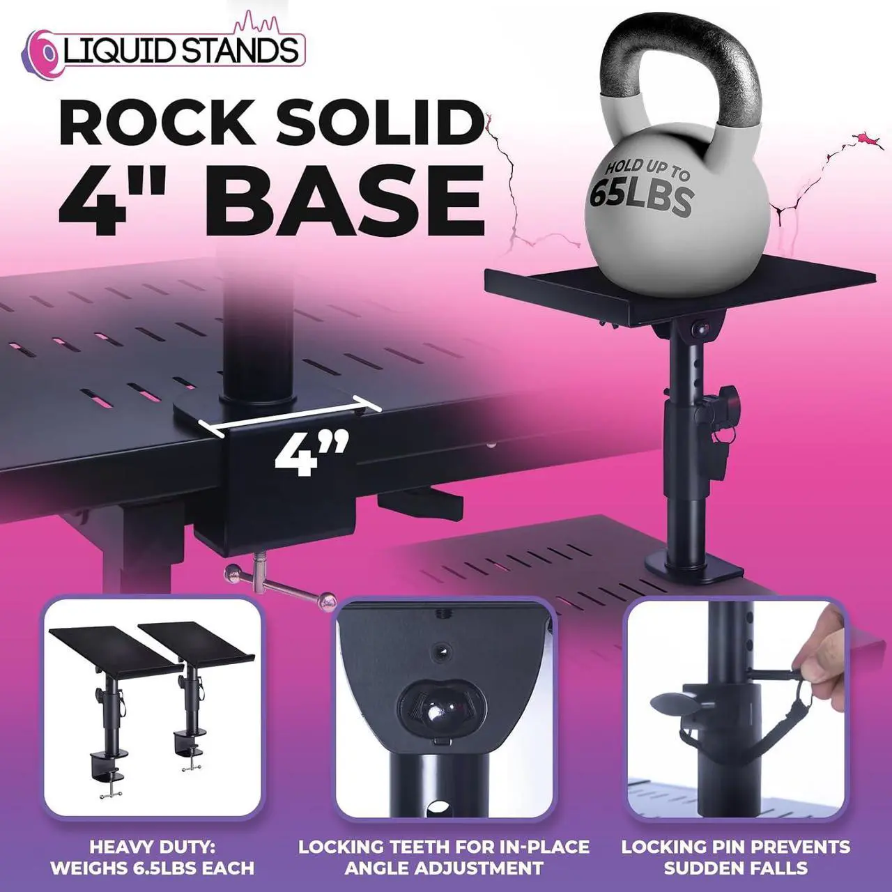 Alt view image 5 of 7 - Stands Studio Monitor Stands - Music Studio Desktop Speaker Stands - 2 Pack 12x9 Clamp-on Adjustable Short or Tall Monitor Speaker Stands for Music Studio Desk Speaker Stand Mount with Tilt