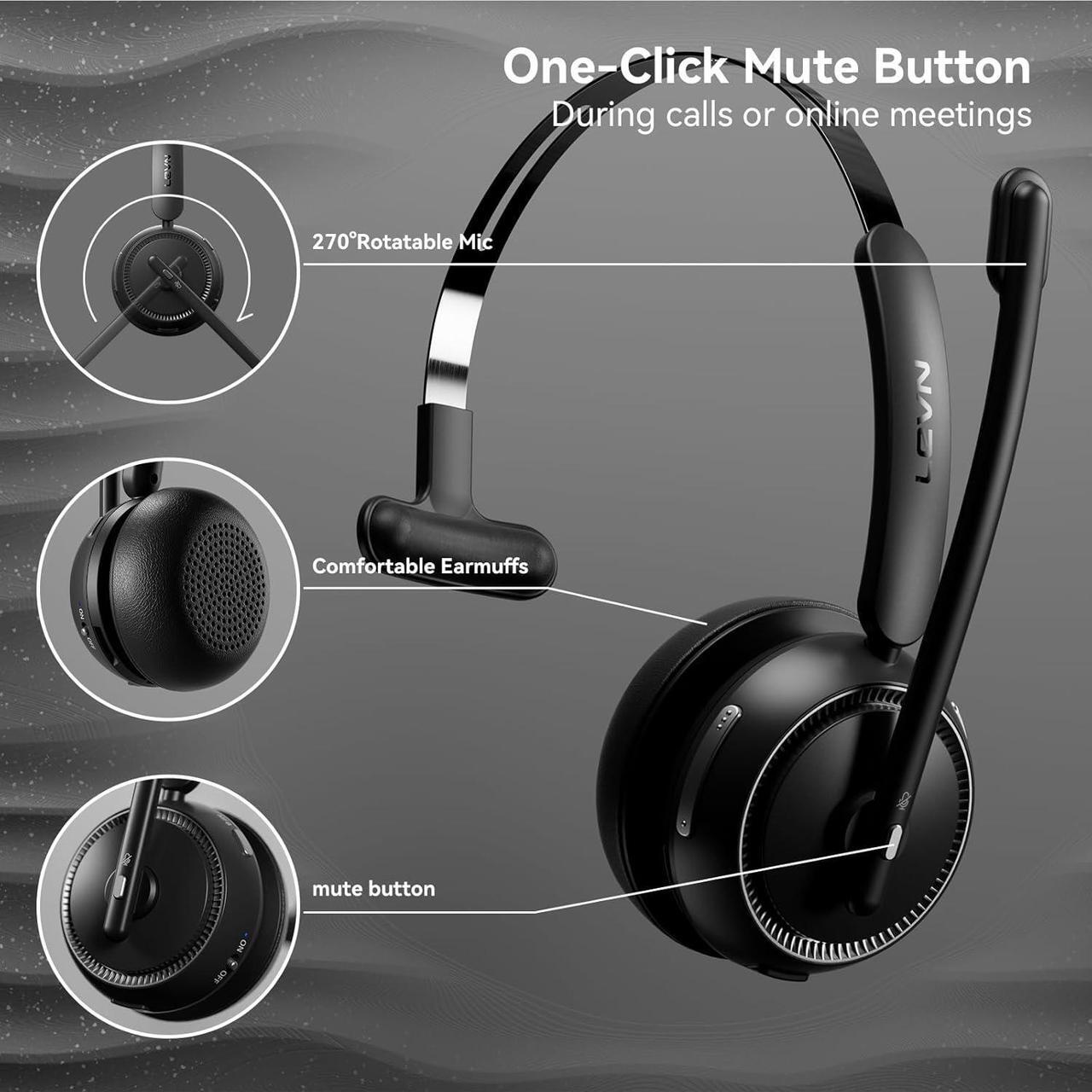 Alt view image 6 of 7 - Wireless Headset 5.2 for Call Center, Bluetooth Headphones with Mic for Work(Noise Cancelling), 65 Hours Woktime & Mute Button,Wireless Headset for Work from Home/Office/PC/Computer/Laptop(Black)