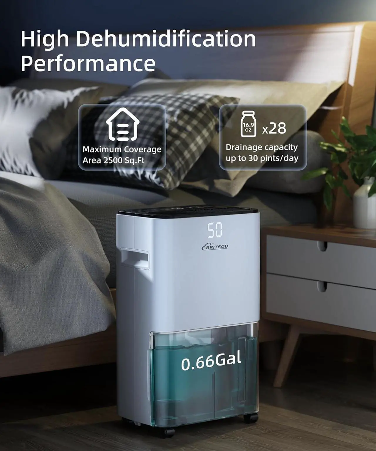 Alt view image 3 of 7 - 2000 Sq. Ft Dehumidifier for Basement with Drain Hose & 0.66 Gallon Tank, 34 Pint Dehumidifiers for Home with Auto Shut off, 24HR Timer