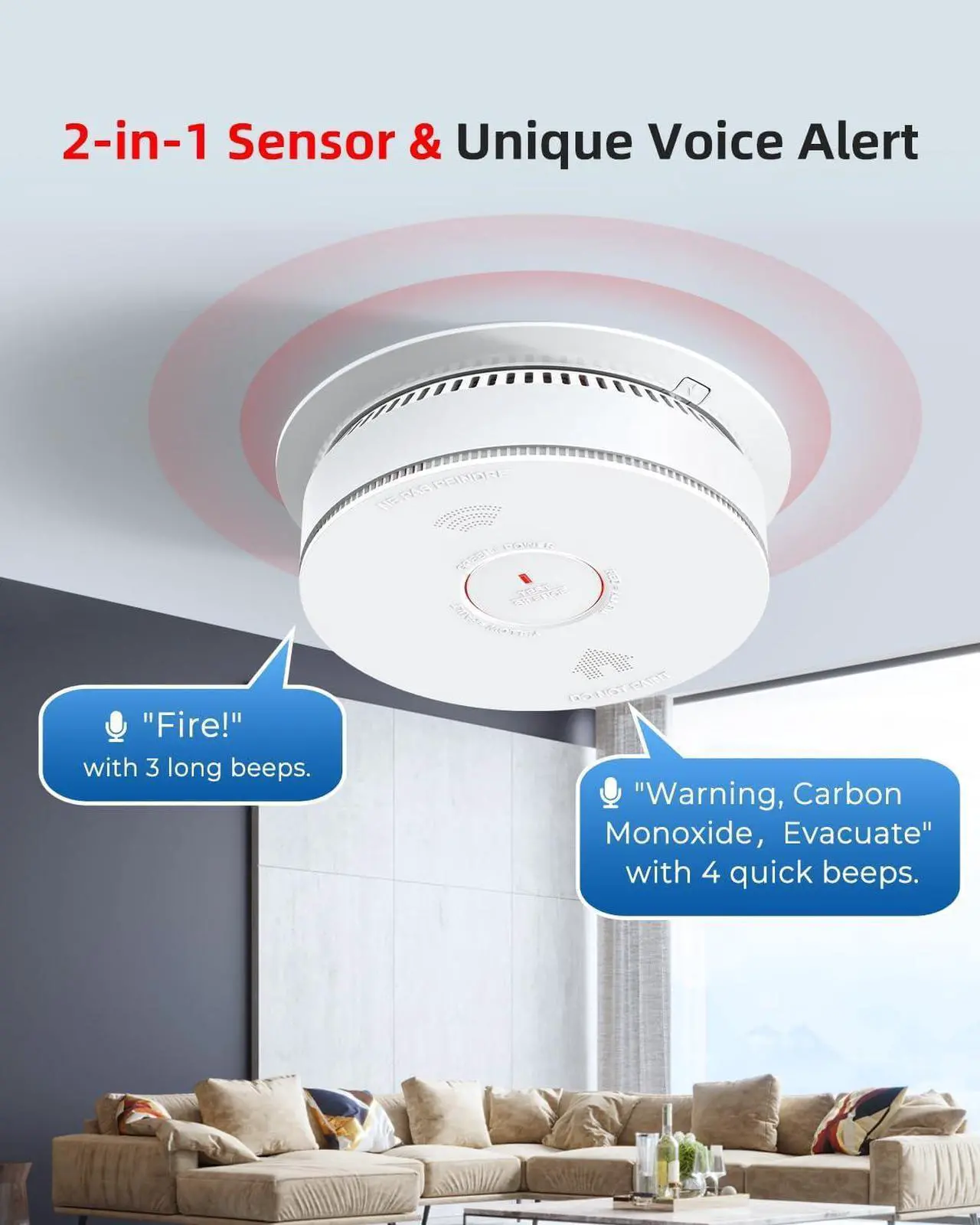 Alt view image 2 of 7 - Hardwired Interconnected Smoke Detector Carbon Monoxide Detector Combo with 2 AA Batteries Back Up, 2 in 1 Smoke and CO Detector with Voice Alert, Smoke and CO Alarm with Self-Check, 3 Pack