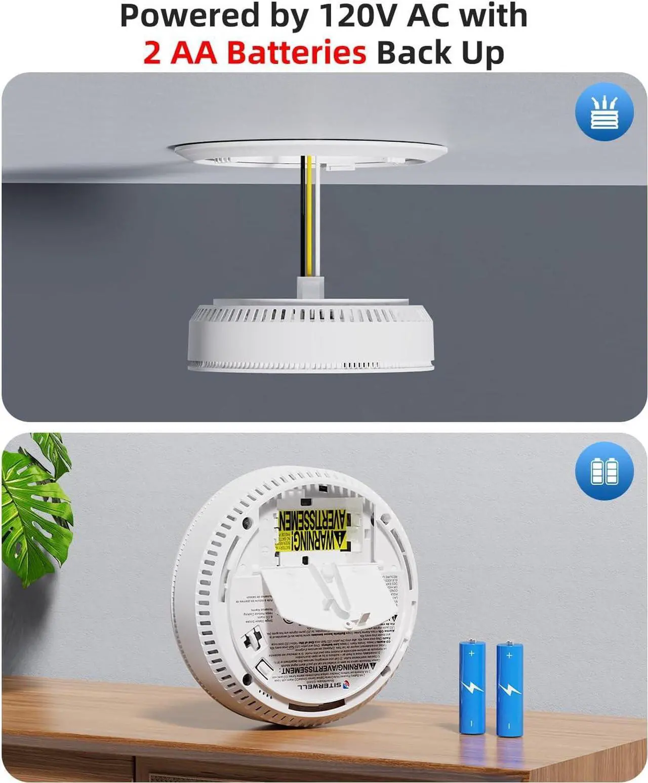 Alt view image 6 of 7 - Hardwired Interconnected Smoke Detector Carbon Monoxide Detector Combo with 2 AA Batteries Back Up, 2 in 1 Smoke and CO Detector with Voice Alert, Smoke and CO Alarm with Self-Check, 3 Pack
