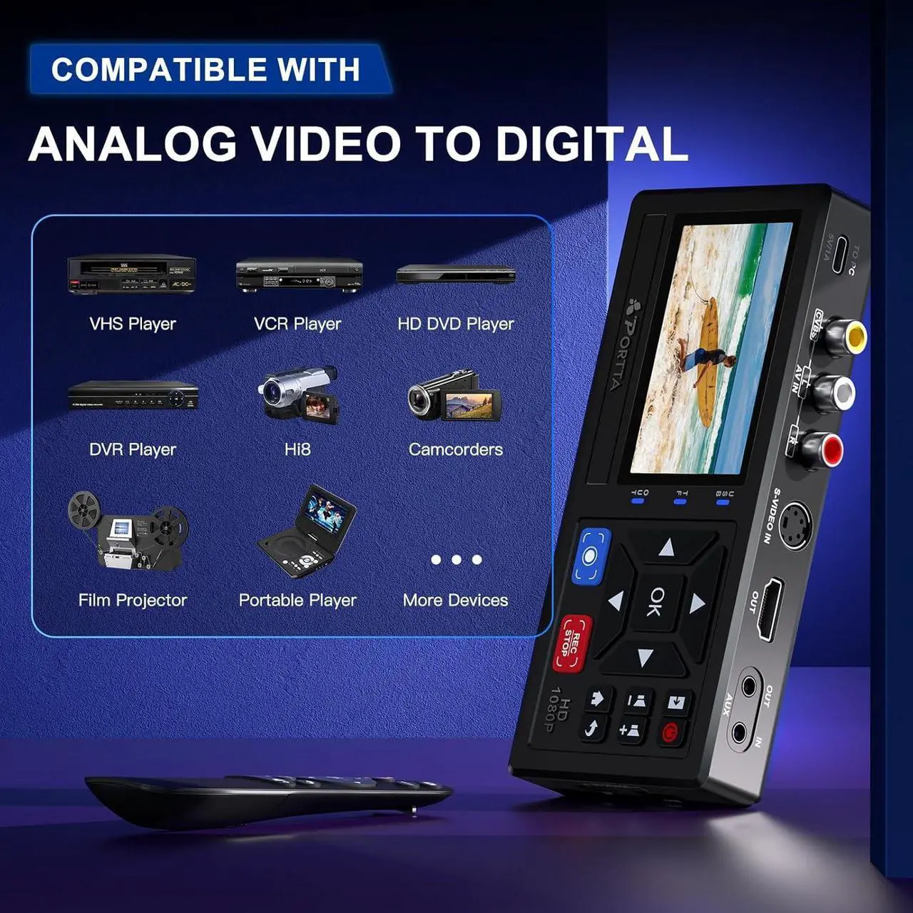 Alt view image 5 of 7 - VHS to Digital Converter, Video to Digital Recorder with Remote, Compatible with VHS, VCR, DVR, DVD, Cassette, Hi8, Mini DV Players, Camcorder, Gaming Consoles (Player not Included)