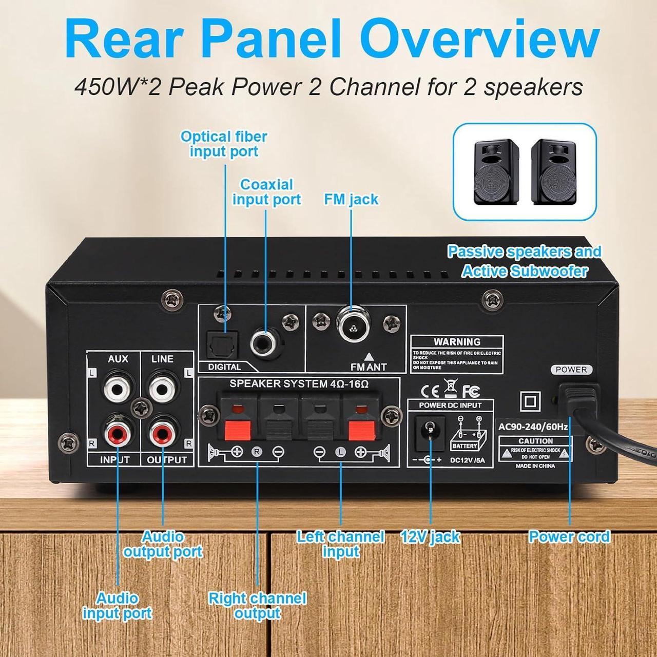 Alt view image 3 of 7 - Stereo Audio Amplifier, 2 Channel 450W x2 Bluetooth 5.0 Home Theater Power Amplifier with FM Radio, USB, SD, Optical & Coaxial Inputs, Amplifier for Passive Speakers and Active subwoofer